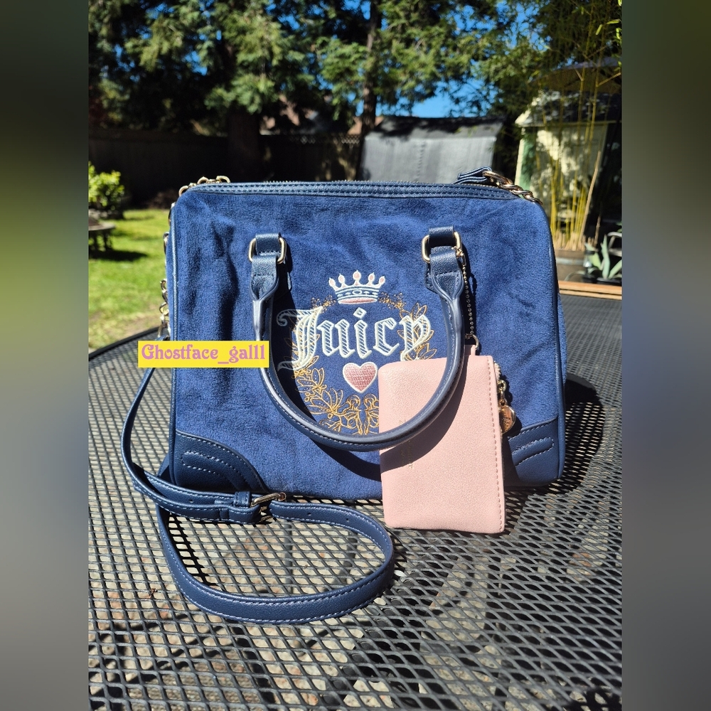 Juicy Couture Navy Suede Satchel with Pink Card Wallet